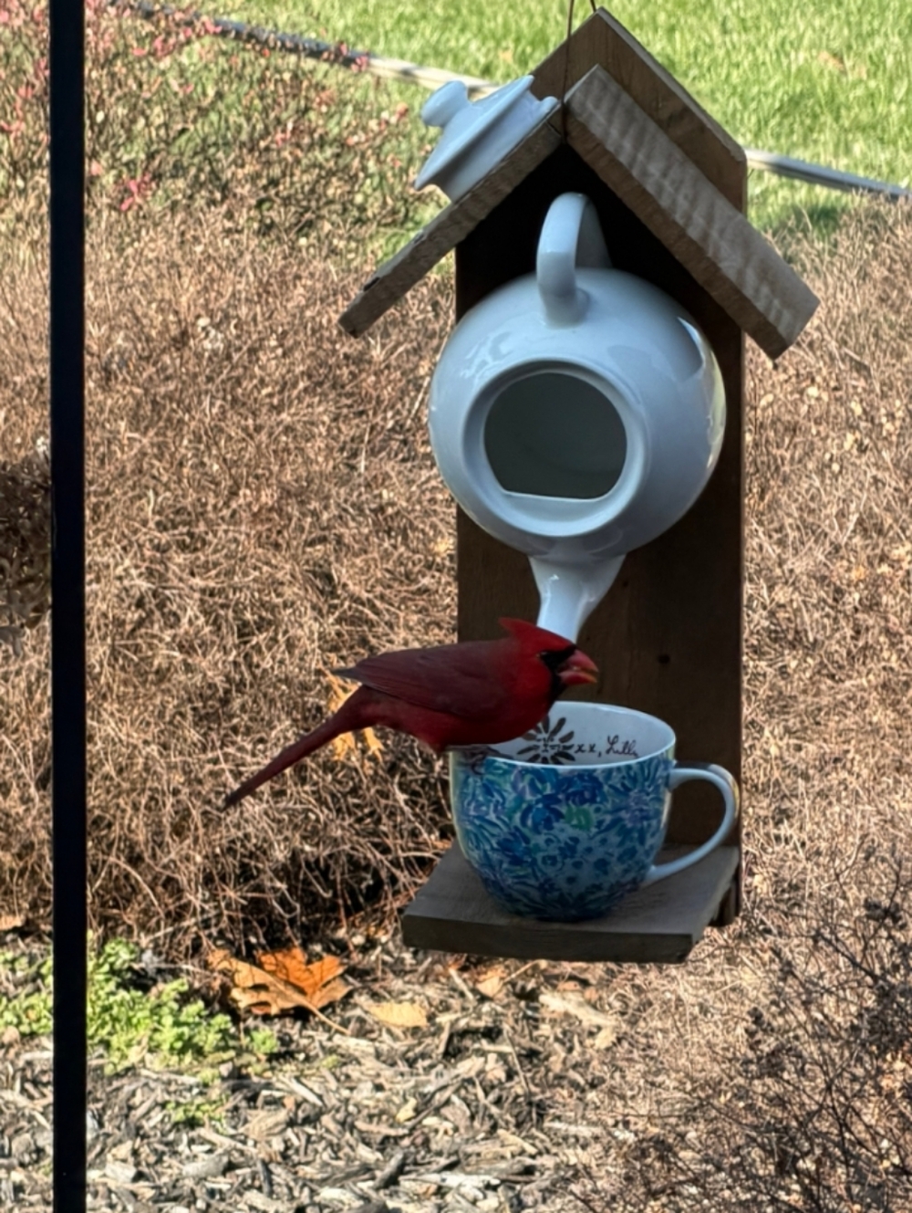 Rustic Wooden Handcrafted Teapot Bird Feeder Fly High - Picture 10 of 16